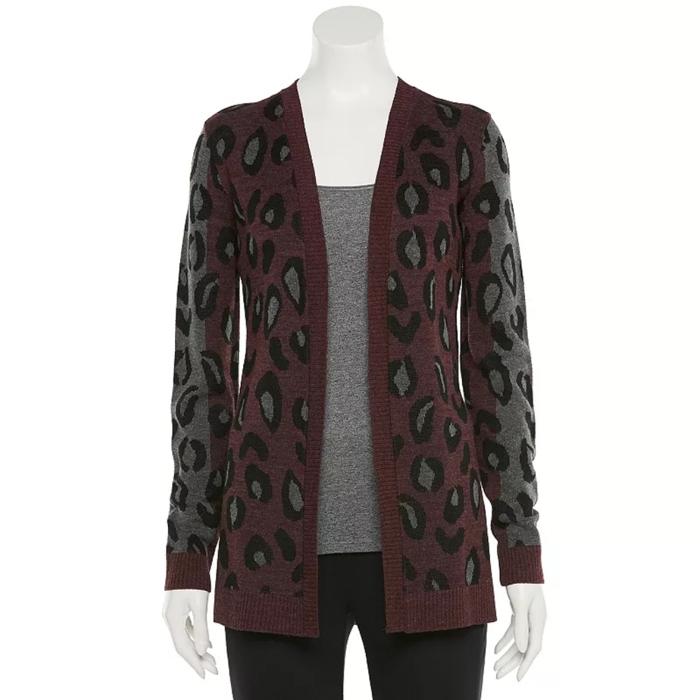 Apt. 9 Leopard Print Open Front Cardigan - Burgundy and Gray